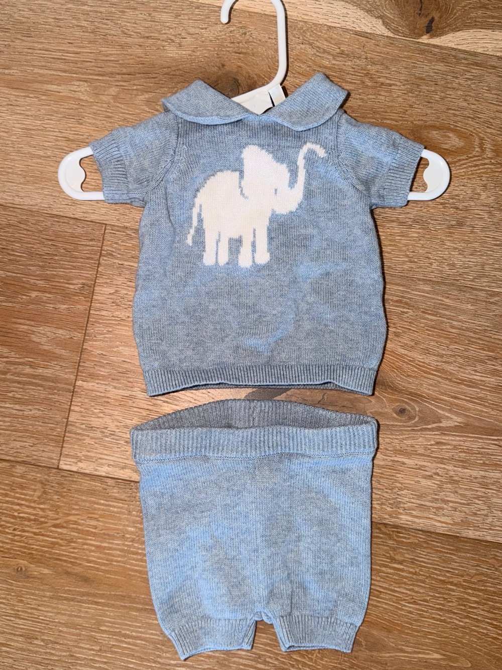 Janie and Jack Light Blue and White Elephant Knit Matching Set